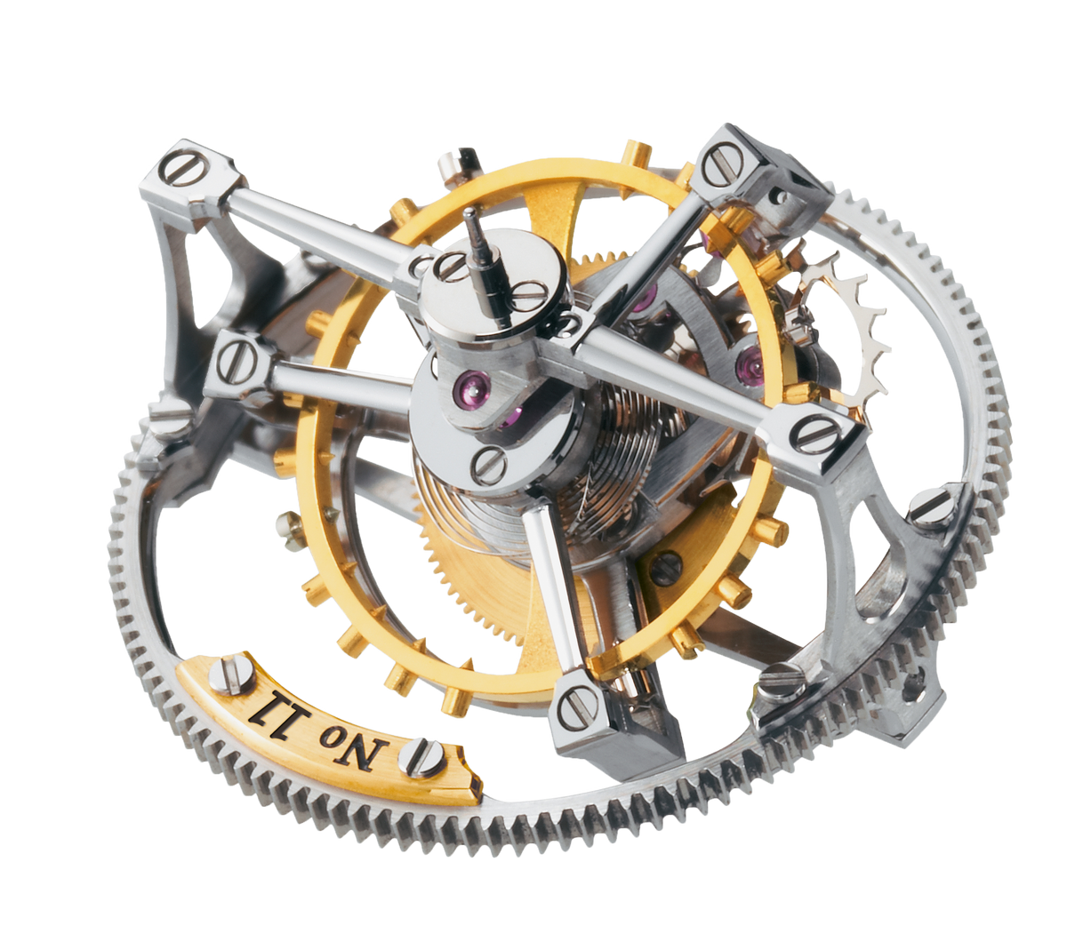 Double tourbillon movement showing the rotating escapement mechanism