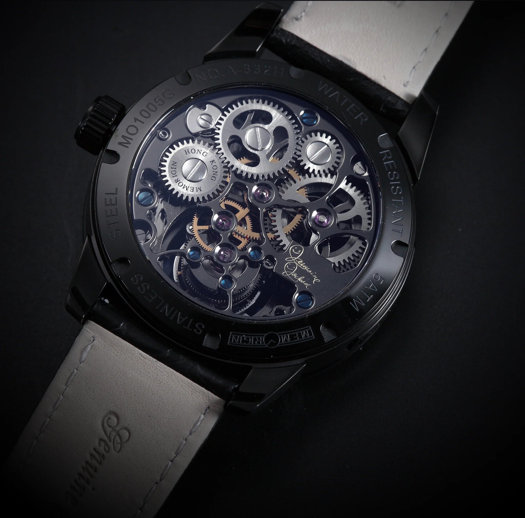Close-up of a mechanical watch with visible gears on a dark background
