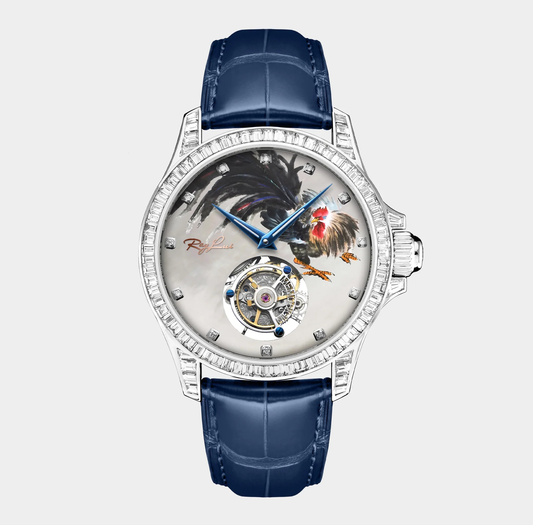 Luxury watch with blue strap and detailed face on a light gray background