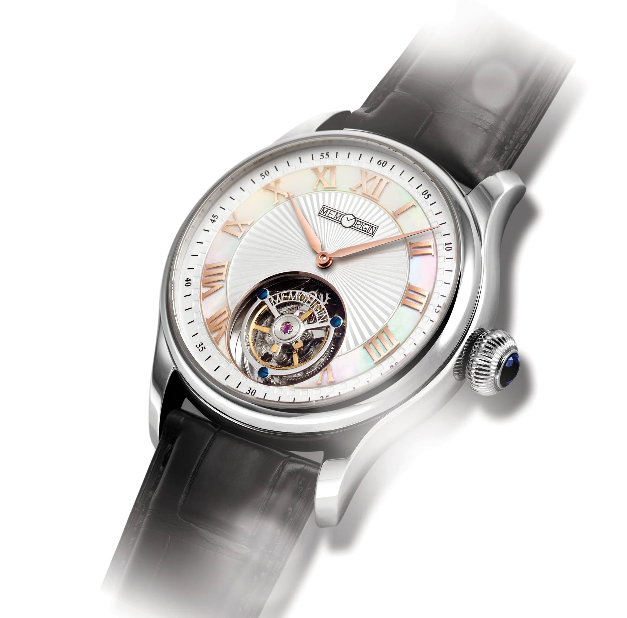 Luxury watch with a white face and black strap on a white background