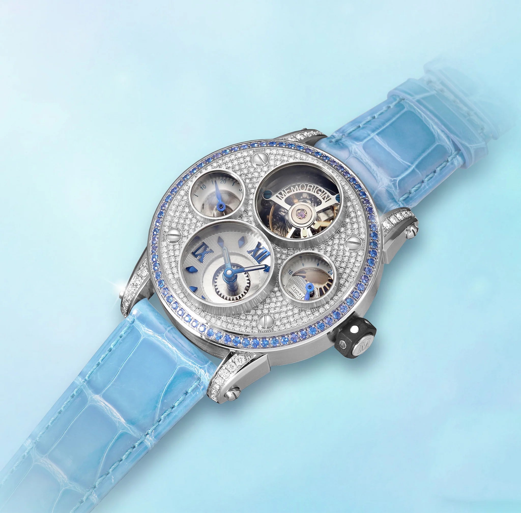 Luxury watch with intricate design and blue strap on light blue background