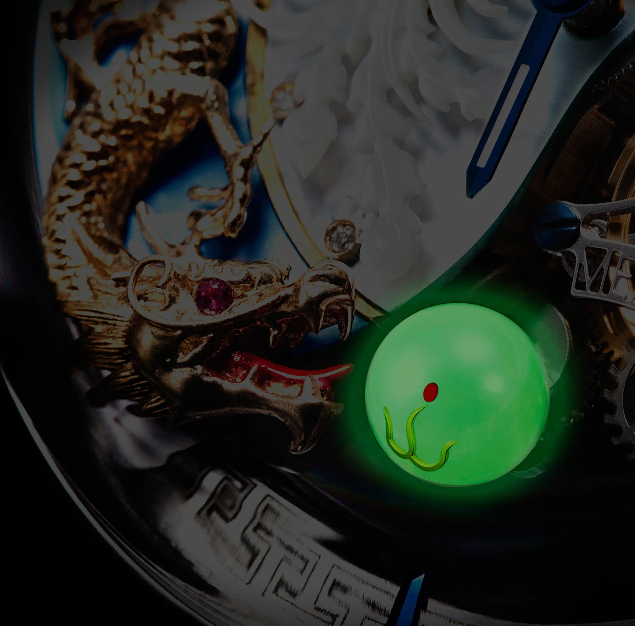 Glowing green object on a decorative plate with intricate designs