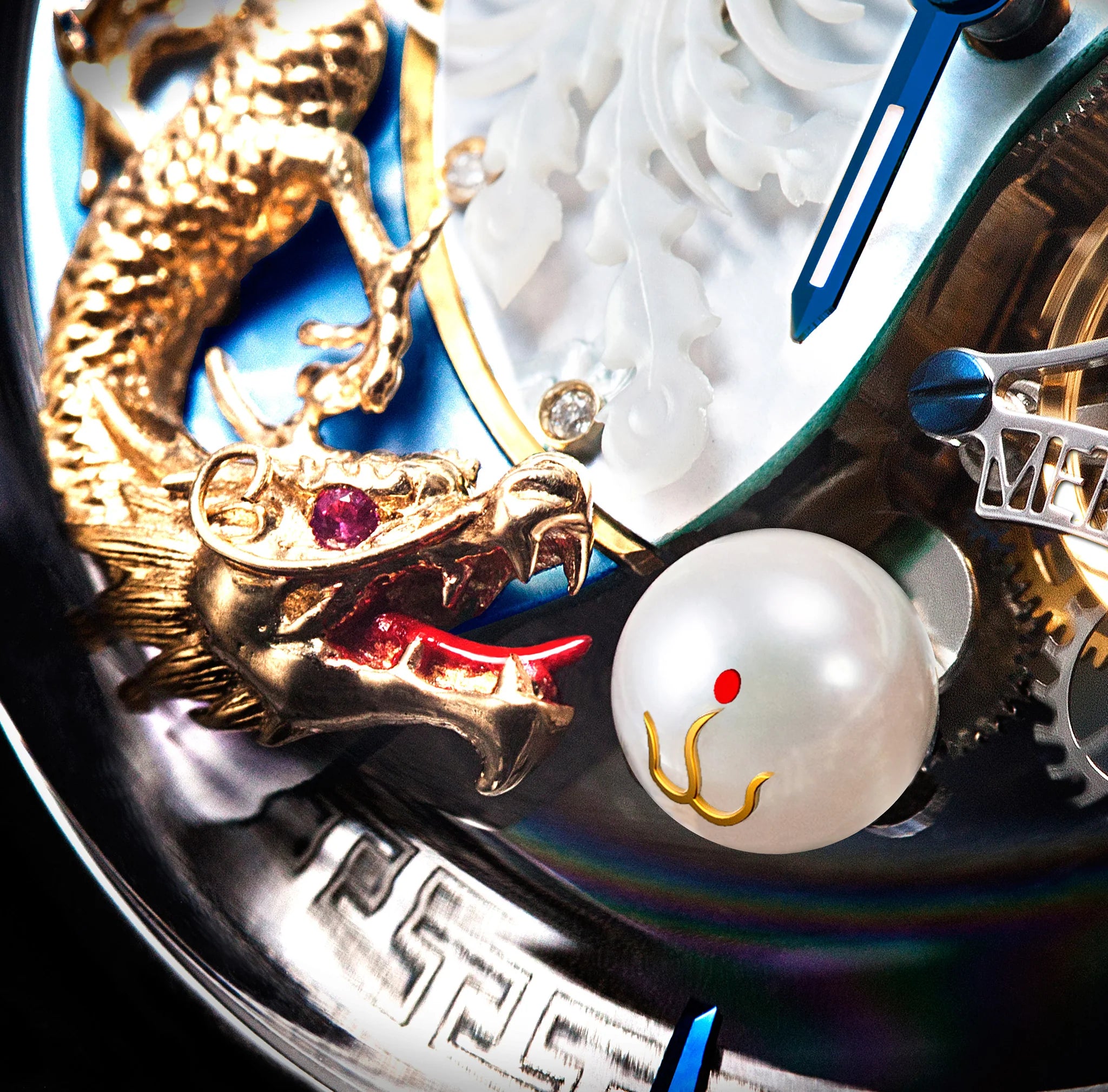 Close-up of a detailed watch with dragon and pearl design
