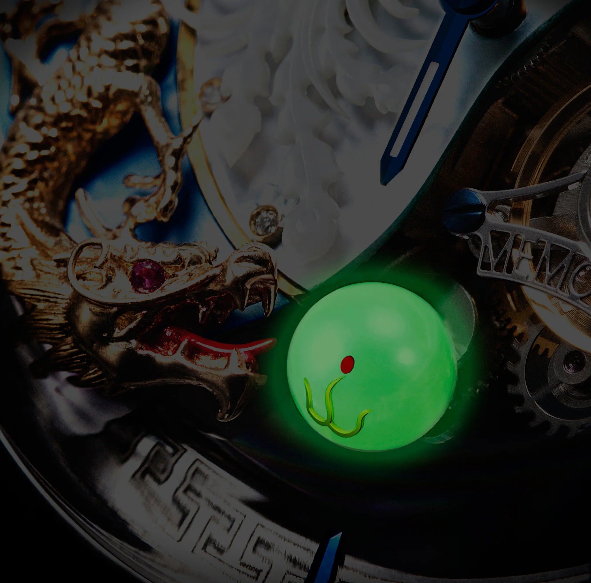 Glowing green object on a decorative surface with intricate designs