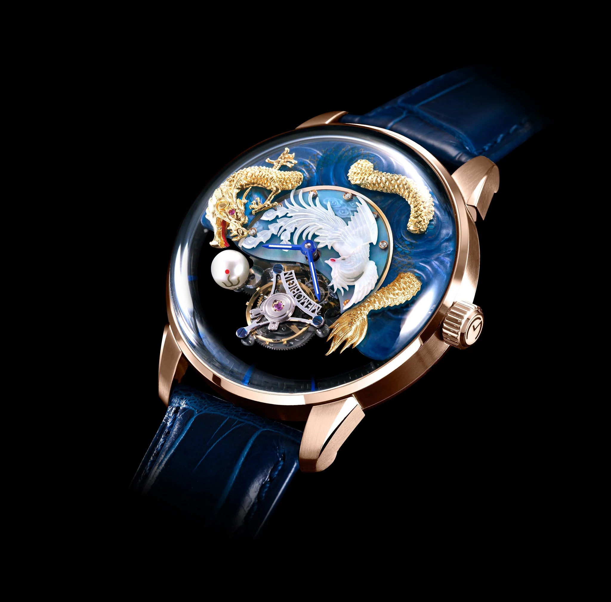 Luxury watch with intricate design on a black background