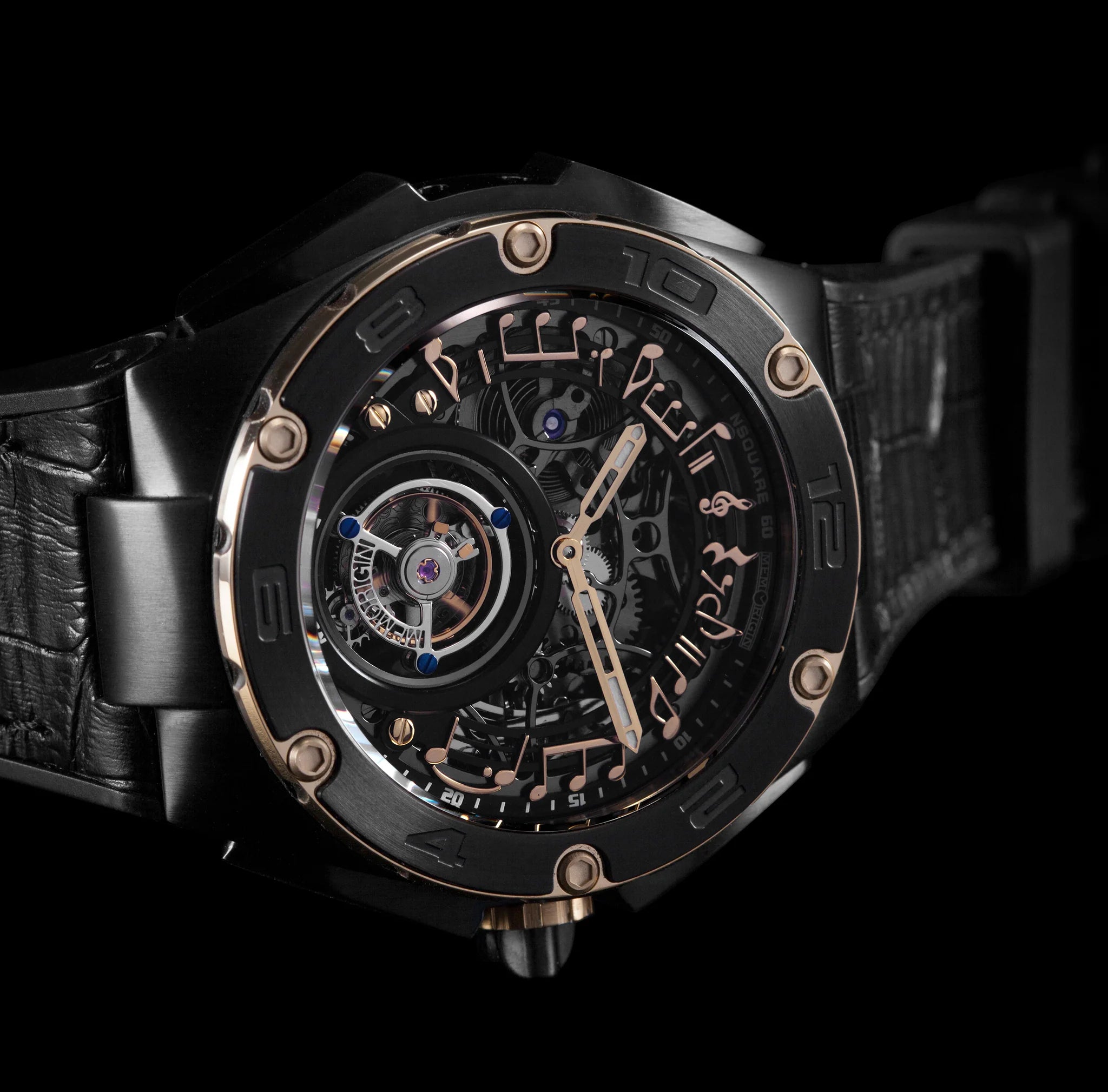 Luxury black Tourbillon watch with intricate design on a dark background