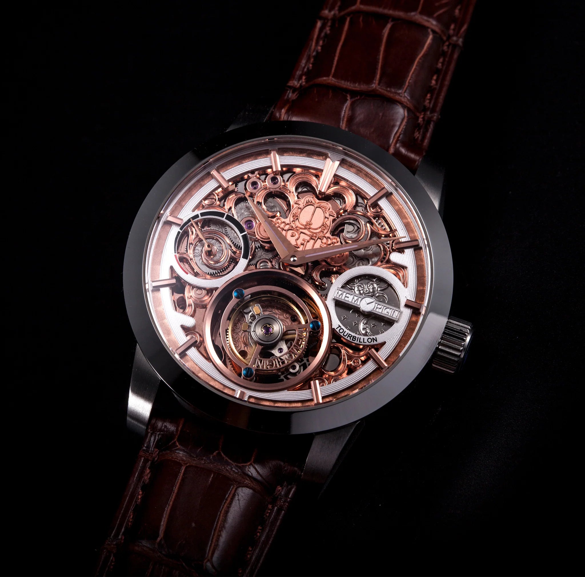 Luxury watch with intricate mechanical components on a dark background