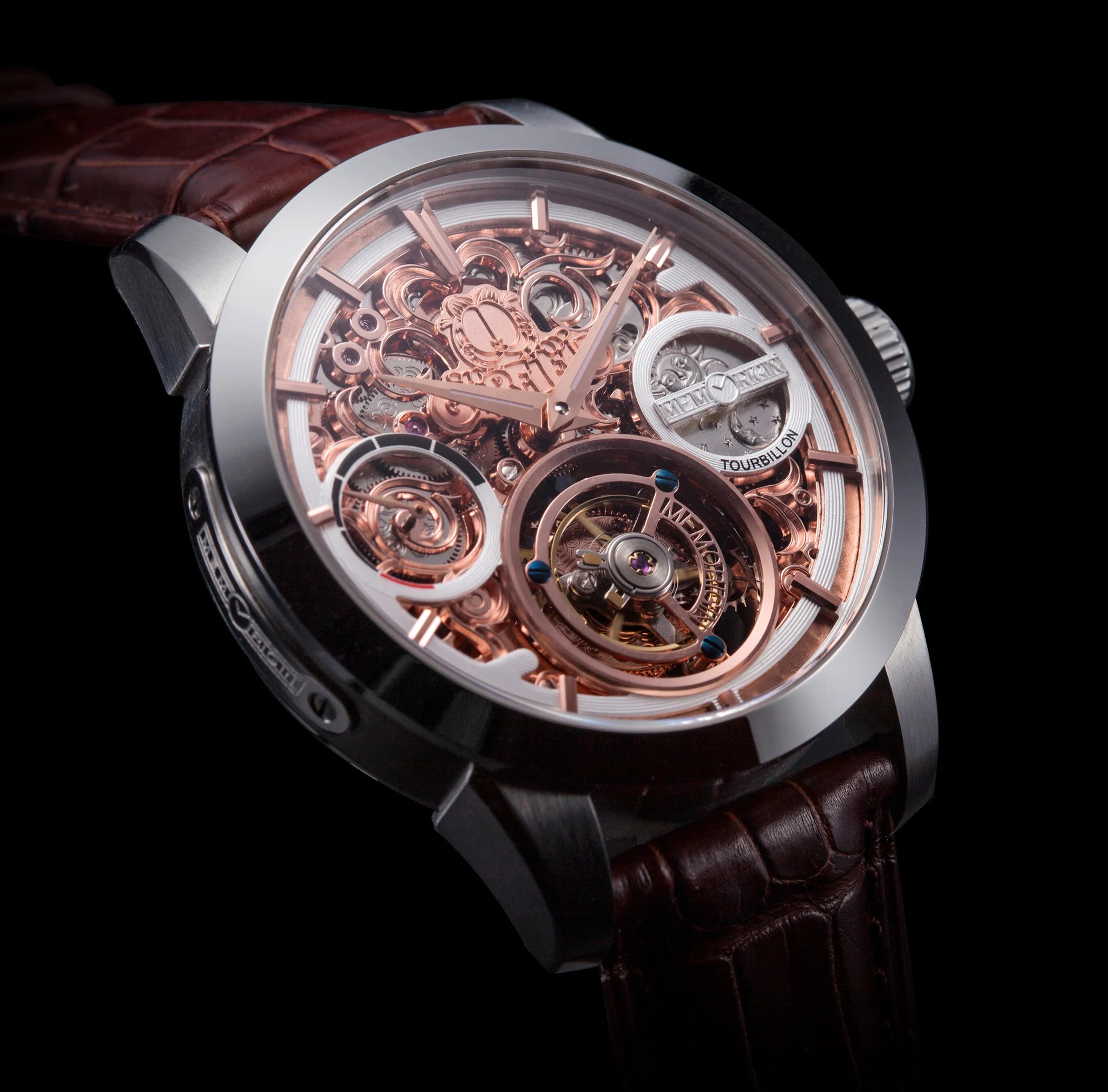 Luxury watch with visible mechanical components on a dark background