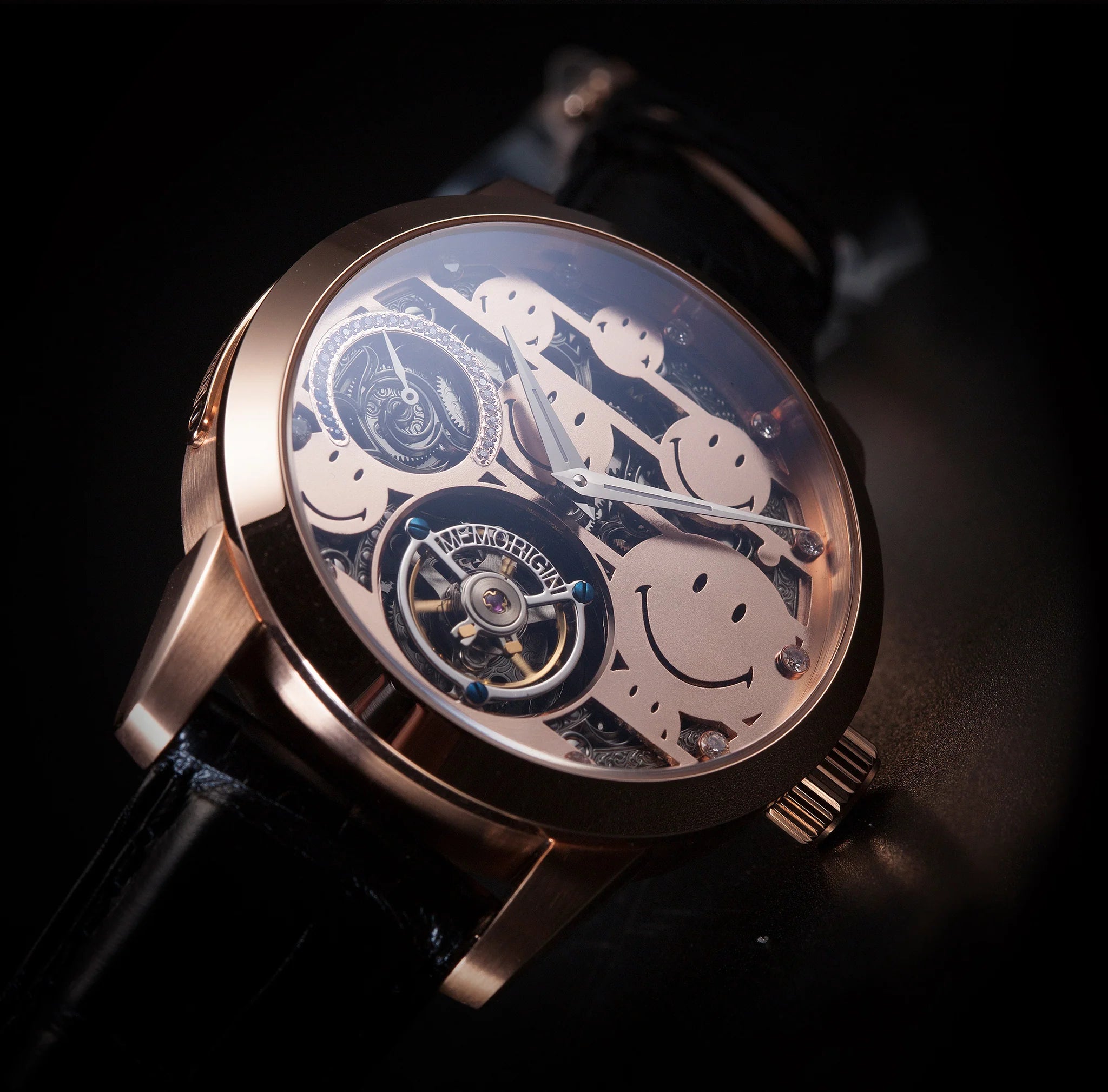 Luxury watch with intricate mechanical design on a dark background