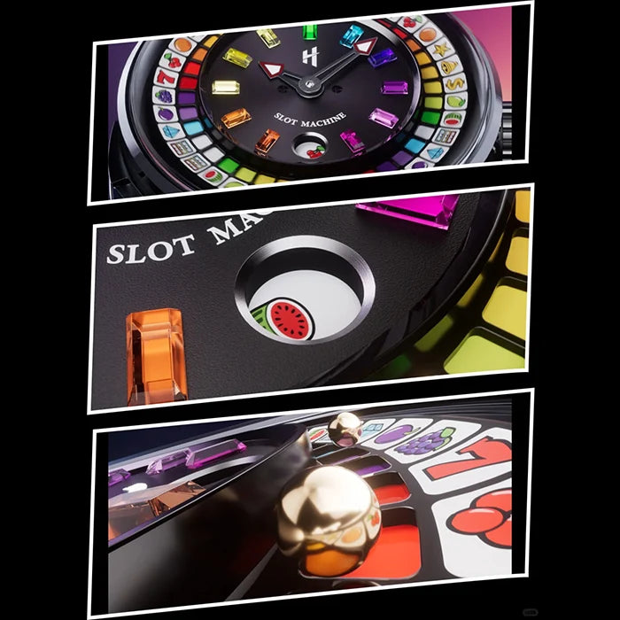 Collage of a slot machine-themed clock with colorful symbols and a gold ball.