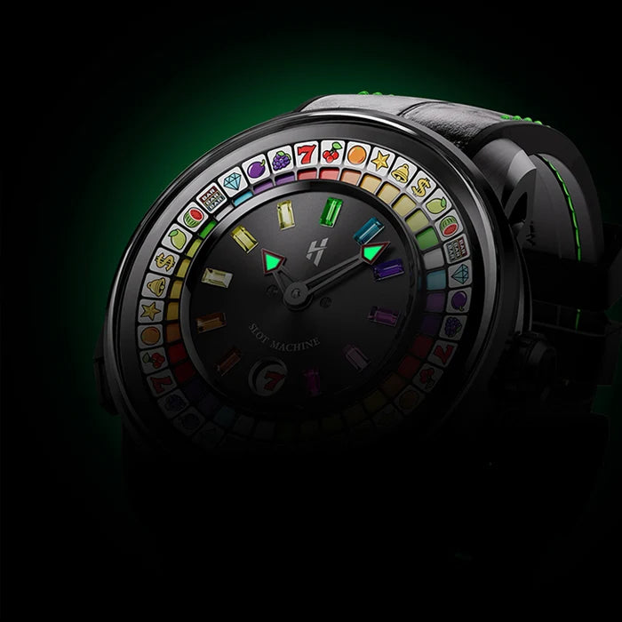 Luxury watch with colorful gemstone bezel on a dark background