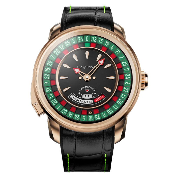 A luxury roulette-themed watch with a rose gold case, black leather strap, and a detailed black dial featuring a roulette wheel design with green and red numbers.