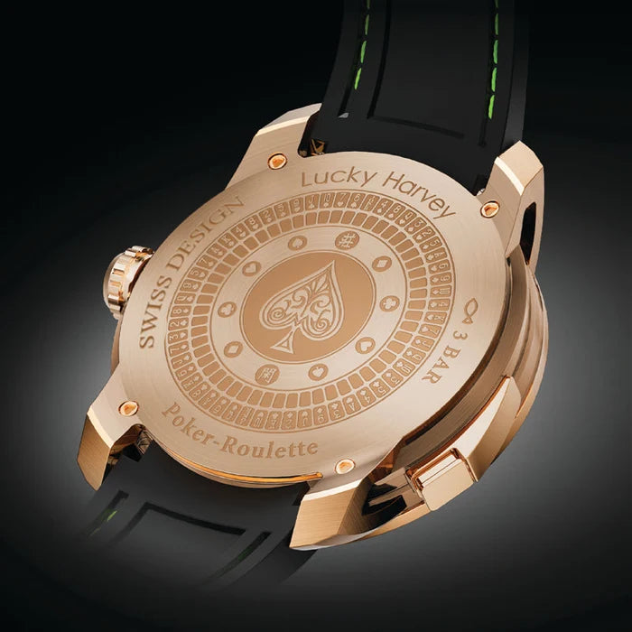 Luxury watch with engraved design on a dark background