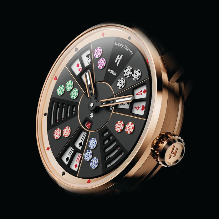 A luxury rose gold watch with a circular, multi-segment dial designed like a poker game board, featuring colorful playing card and casino chip graphics on a black background, set against a solid black backdrop.