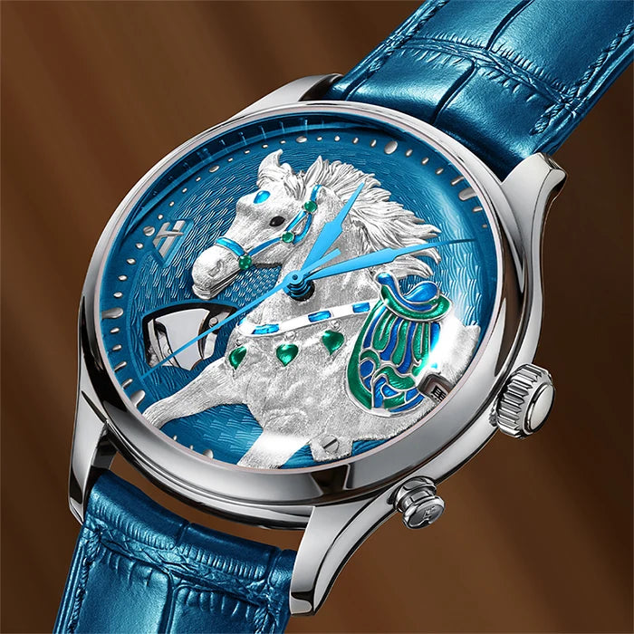 Luxury watch with a blue leather strap and intricate horse design on the dial against a brown background