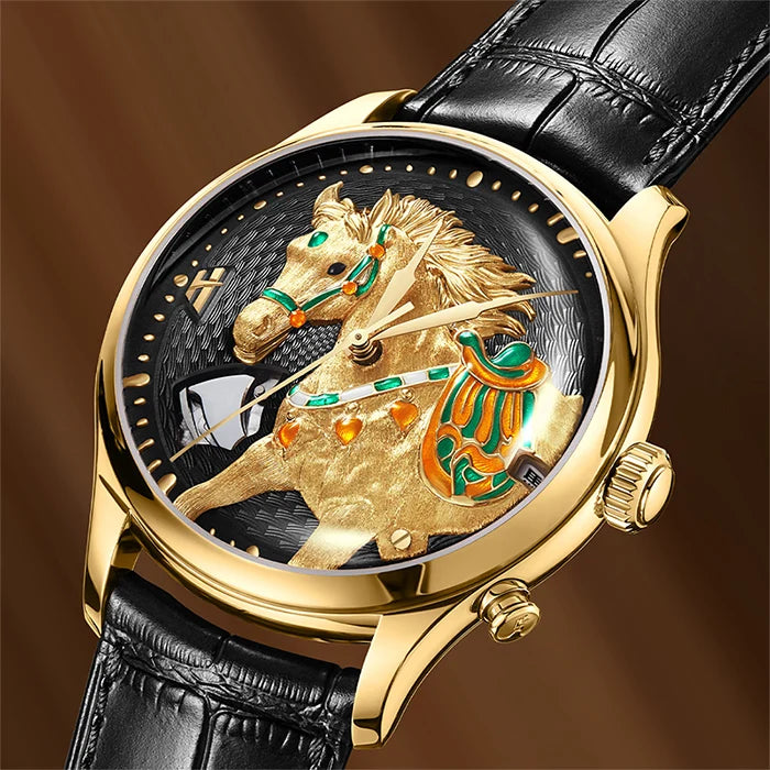 Luxury watch with a gold horse design on the dial against a brown background