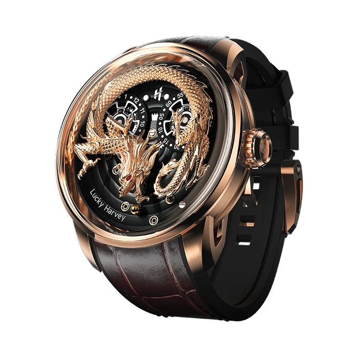 A luxury watch featuring a rose gold case, a black leather strap, and a complex skeleton dial with a 3D gold dragon motif on a black background.