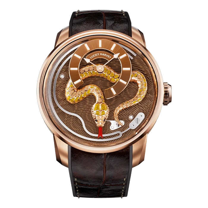 A luxury watch by Lucky Harvey featuring a rose gold case, a dark brown leather strap, and a highly detailed skeleton dial with a gold and green snake motif on a brown textured background.