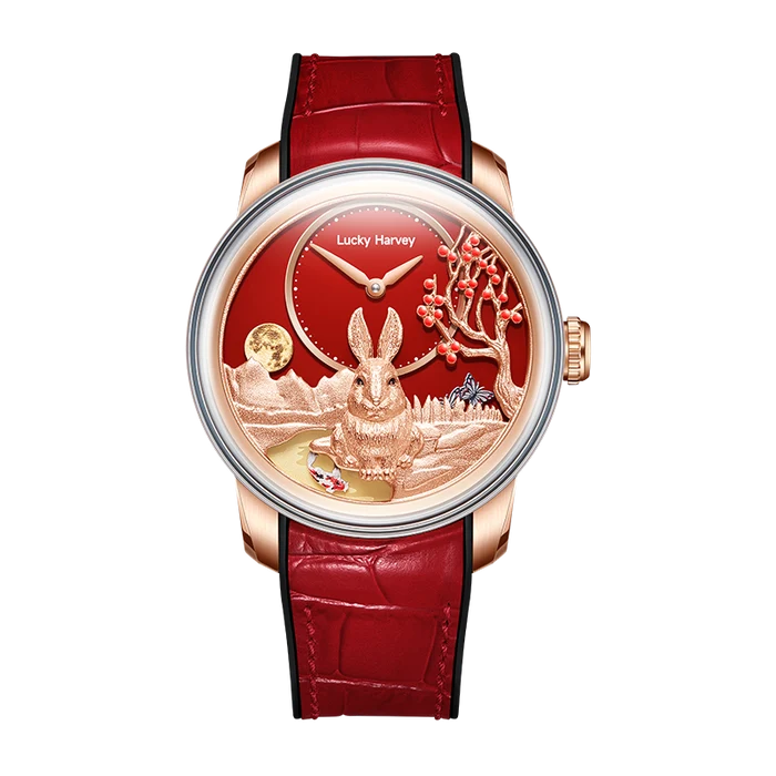 Lucky Harvey luxury watch featuring a rose gold case, a red alligator leather strap, and a detailed rose gold rabbit and moon dial with a red background.