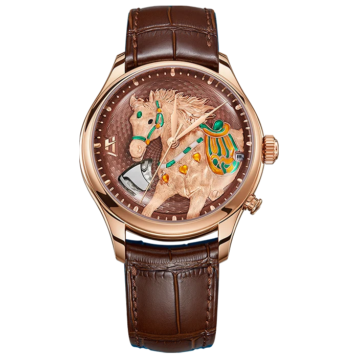 Watch with a detailed horse design on the dial against a white background