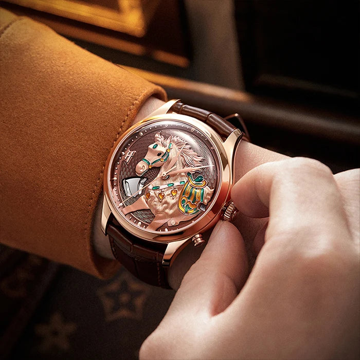 Luxury watch with intricate design on a wrist, close-up shot.