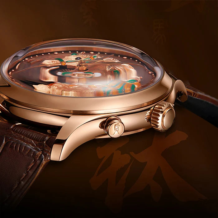 Close-up of a rose gold watch with intricate design on a dark background