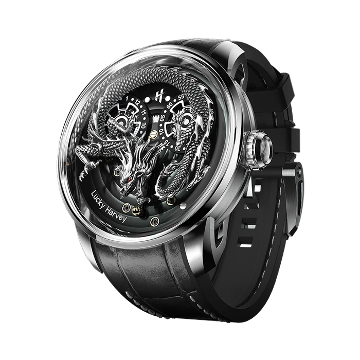 A luxury skeleton watch with a black leather strap, silver-toned case, and a detailed dragon design visible through the transparent dial. The brand name 'Lucky Harvey' is printed on the lower-left of the dial.