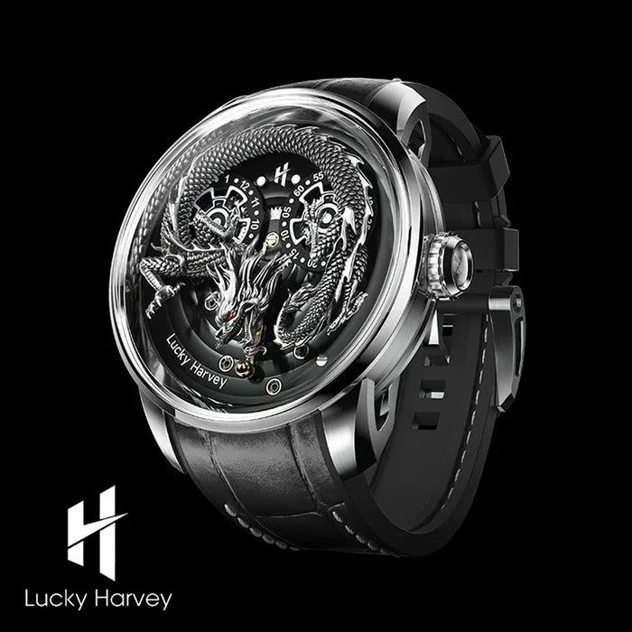 Luxury watch with intricate design and visible brand logo on a black background