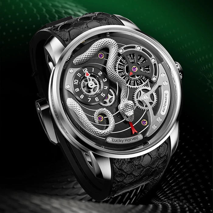 A luxury mechanical watch with a black crocodile-embossed leather strap, a silver-toned case, and a skeleton dial featuring a raised silver snake motif and black subdials. The brand name 'Lucky Harbor' is visible on the lower dial, set against a dark green and black background.