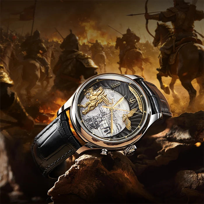 Luxury watch with intricate design in front of a historical battle scene