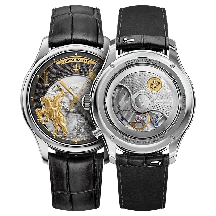 Two Lucky Harvey wristwatches with black leather straps, shown side by side on a white background. One watch face is open to reveal a detailed gold and silver mechanical movement and horse motif, while the other shows the polished back casing and transparent case back.