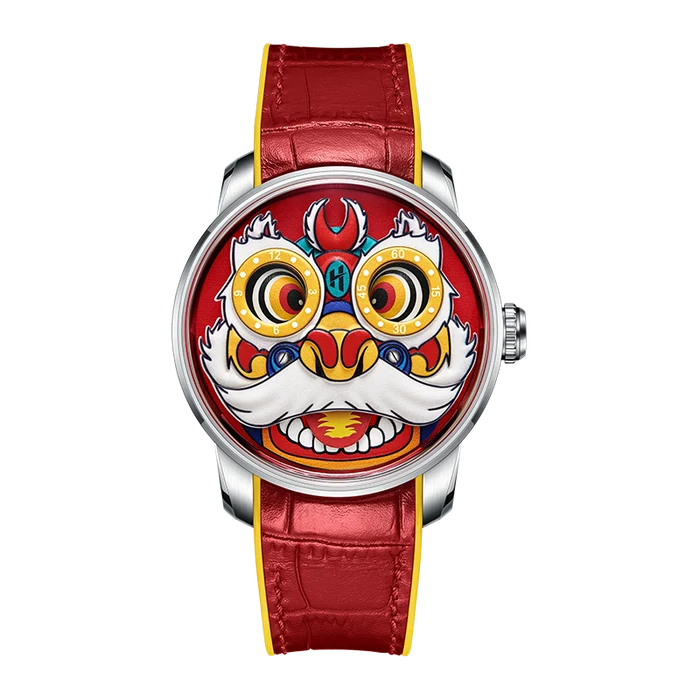 A luxury wristwatch featuring a vibrant red leather strap and a circular dial decorated with a detailed Chinese lion head illustration in red, white, yellow, and blue, set against a plain white background.