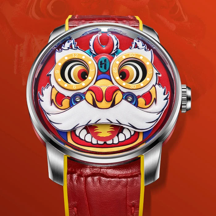 A luxury wristwatch with a round silver-tone case and a red leather strap, featuring a highly detailed, colorful Chinese lion dance face on the dial against a vibrant red background.