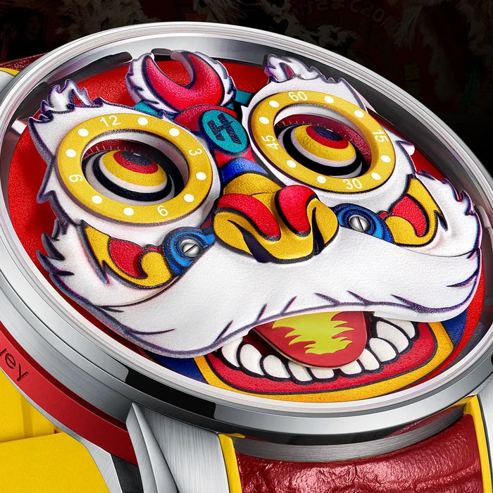 Colorful watch face with a stylized design on a dark background