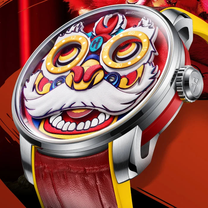 Watch with a colorful dragon design on the face against a red background