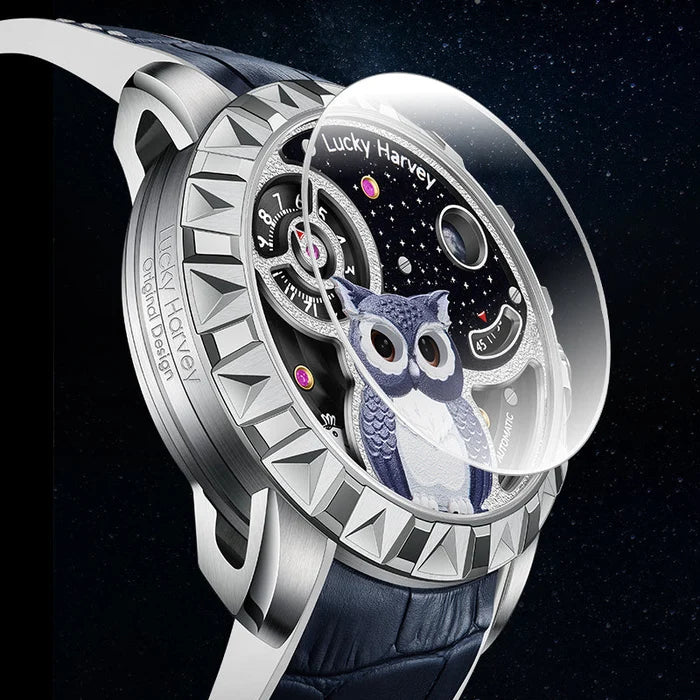 Luxury watch with intricate design and 'Lucky Harvey' branding on a dark background