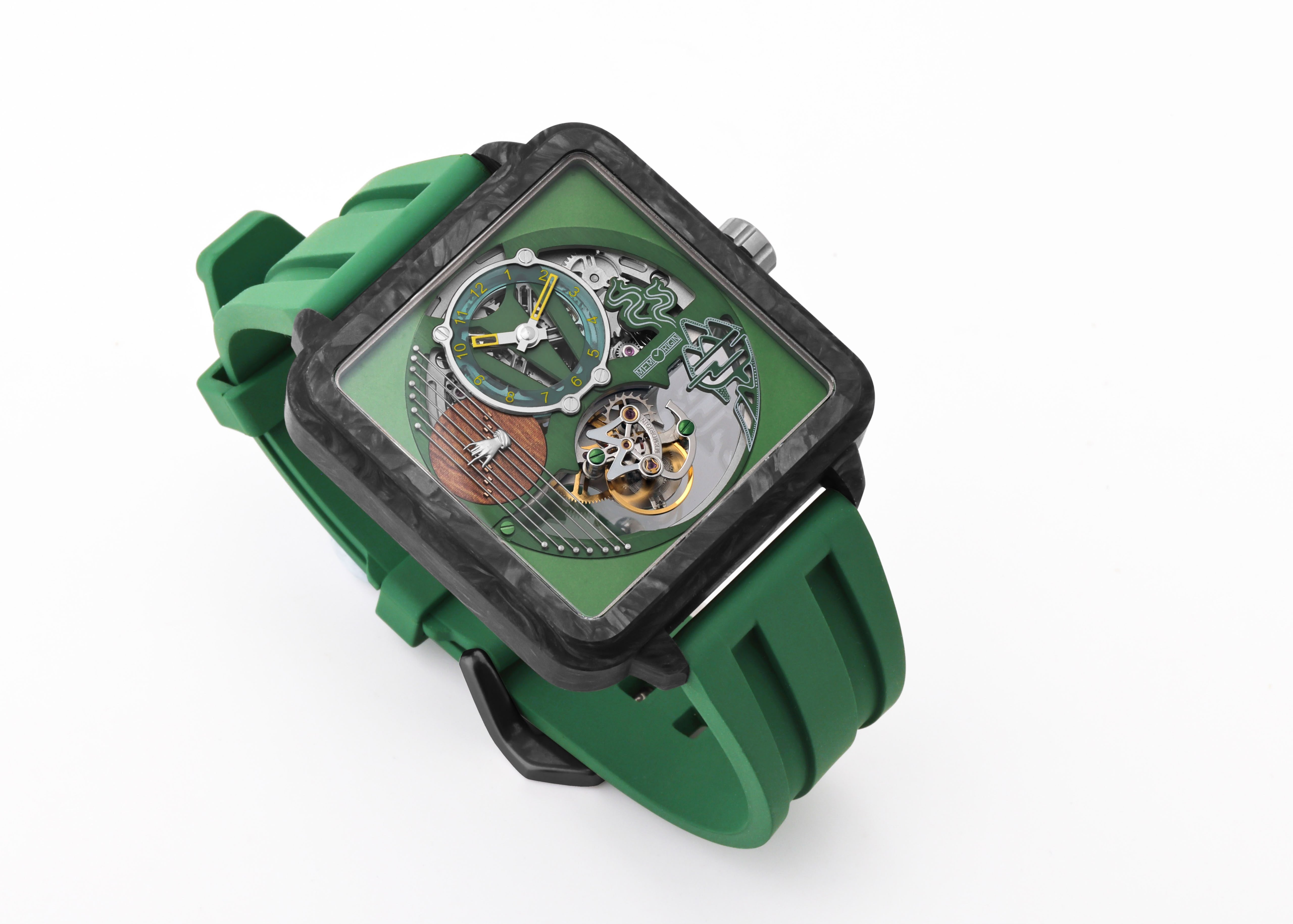A square analog watch with a green silicone strap, a black and gray carbon-fiber-look bezel, and a green skeleton dial showing intricate mechanical gears.