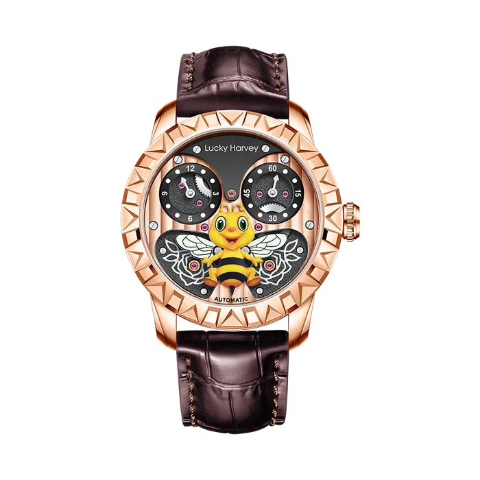 Lucky Harvey automatic watch featuring a rose gold case, dark brown leather strap, and a unique dial with a cartoon bee design over dual subdials.
