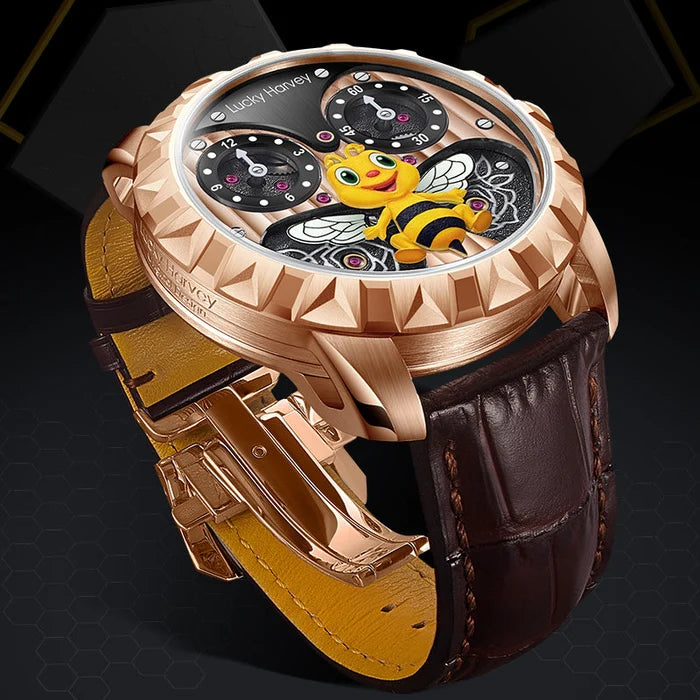 A luxury watch with a rose gold case, a brown leather strap, and a unique dial featuring a cartoon bee over a black and white pattern. The brand name 'Lucky Honey' is visible on the watch face.