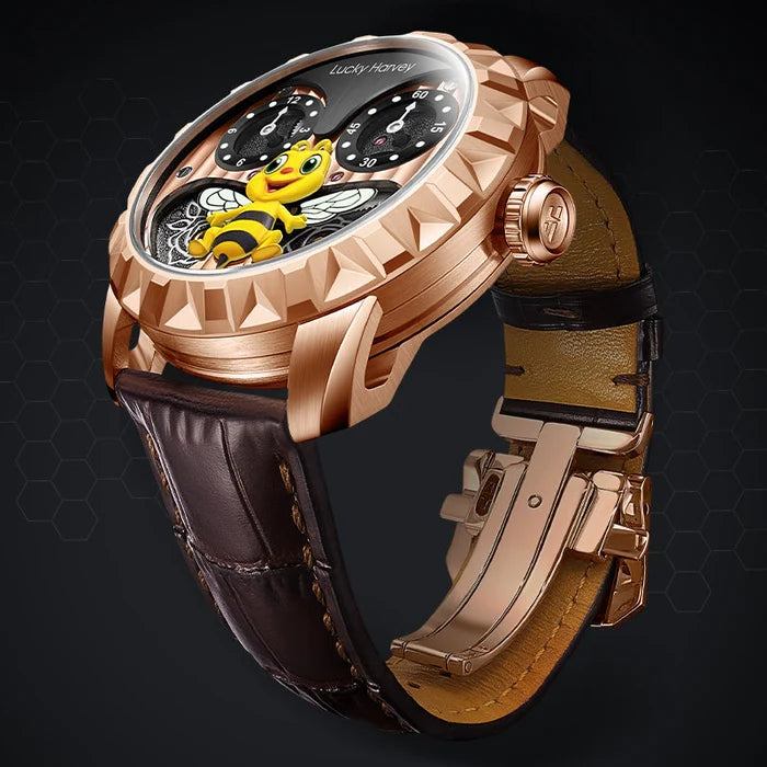 A luxury wristwatch with a rose gold case, a dark brown leather strap, and a skeleton dial featuring a cartoon bee. The brand name 'Lucky Honey' is visible on the watch face.