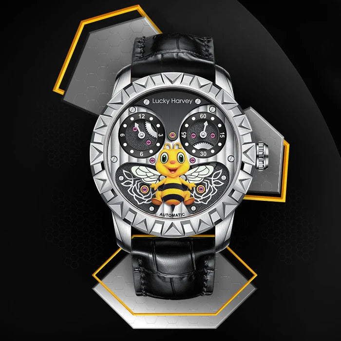 Luxury watch with cartoon bee character on a black background
