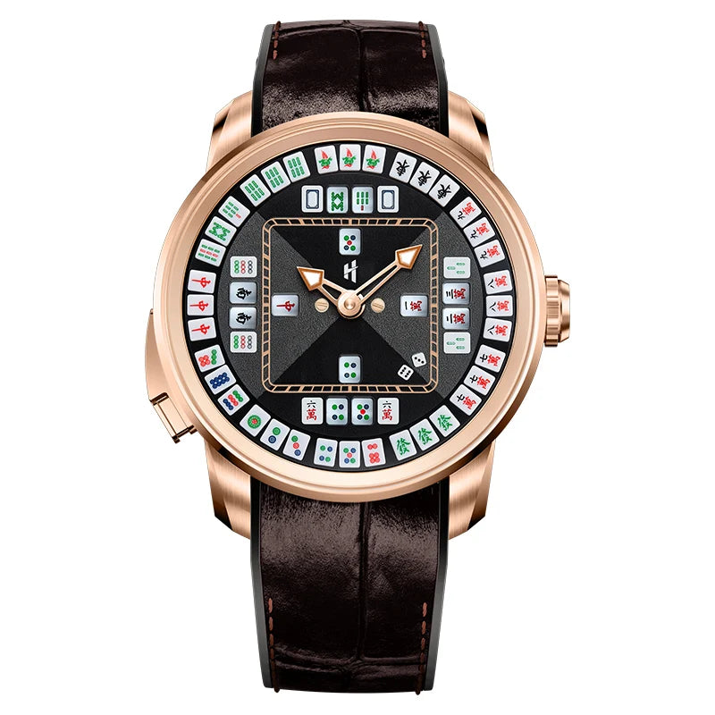 A luxury watch with a rose gold case, a dark brown leather strap, and a black dial featuring a circular arrangement of Chinese mahjong tiles.