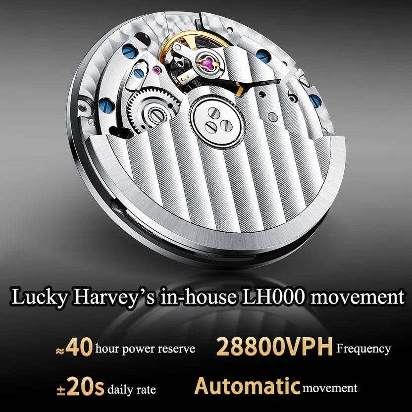 A close-up of a circular mechanical watch movement with polished silver-toned metal parts, blue jewel bearings, and small gold accents, shown on a dark gray gradient background with text below describing the Lucky Harvey LH000 movement and its specifications.