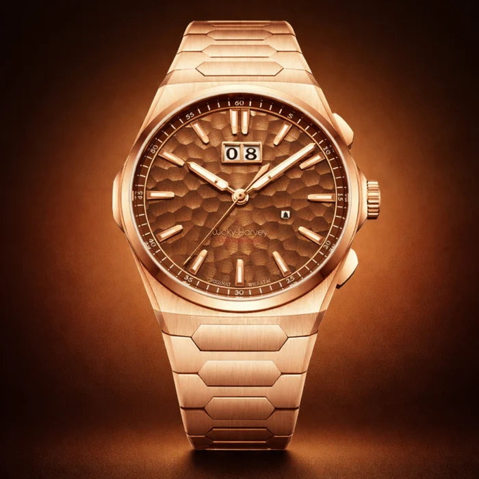 Rose gold wristwatch with a detailed face on a brown background