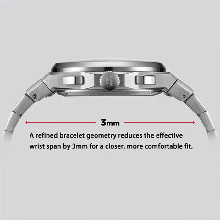 Close-up of a stainless steel watch bracelet and case with overlaid text and arrows explaining a 3mm reduction in effective wrist span due to refined bracelet geometry, on a light gray background.