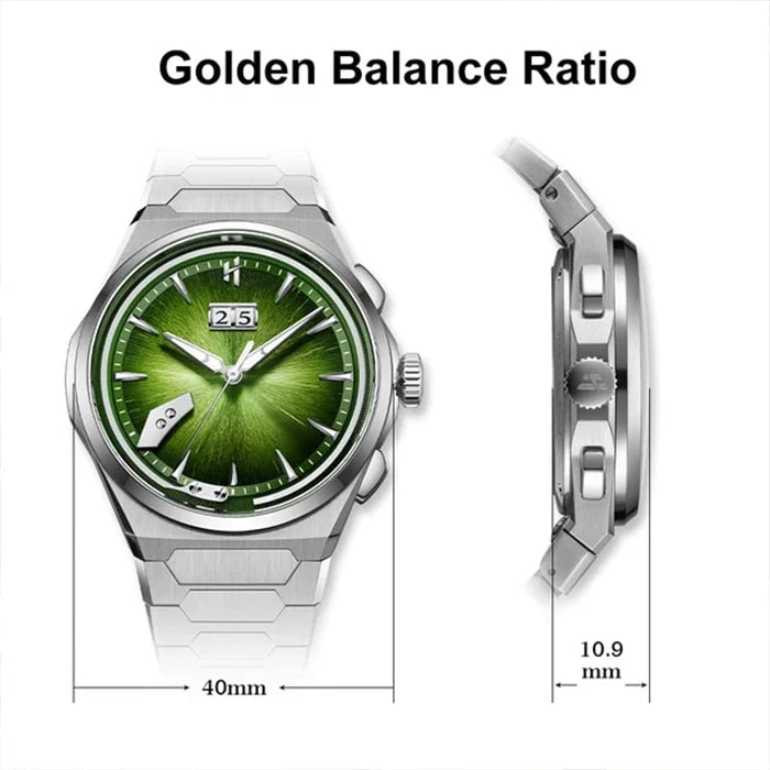 A silver-toned wristwatch with a bright green sunburst dial, shown from the front and side profile on a white background. The image includes the text 'Golden Balance Ratio' and dimension labels indicating 40mm width and 10.