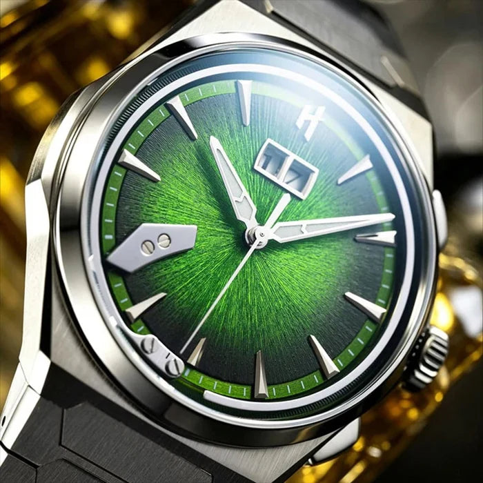 Close-up of a wristwatch with a bright green sunburst dial, silver-toned case, silver hour markers, and a day-date window at 3 o'clock, set against a blurred gold and black background.