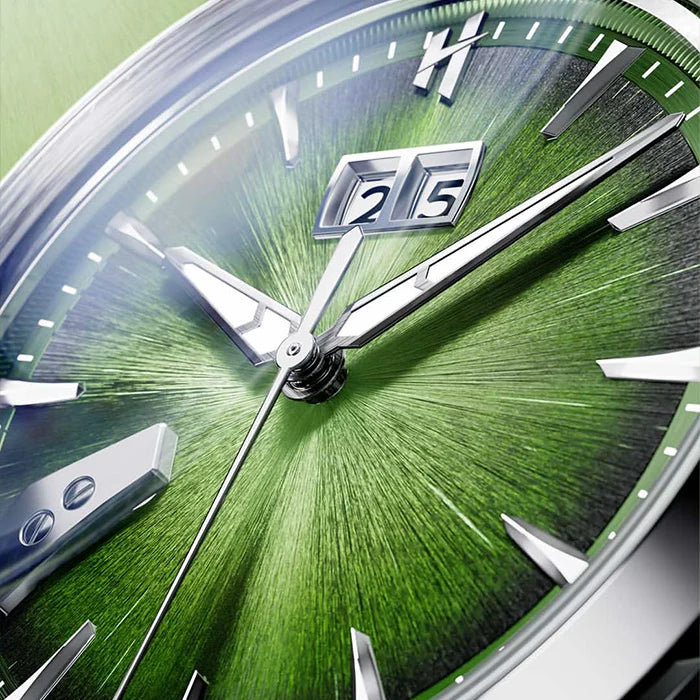 Close-up of a wristwatch dial with a vivid green sunburst finish, silver-tone hands and markers, and a date window showing 25.