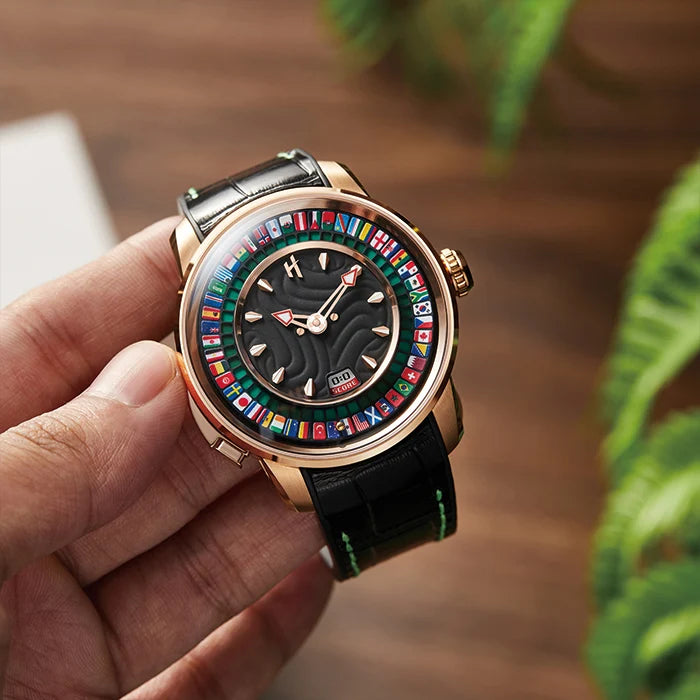 Luxury watch with colorful flag design on a wooden surface