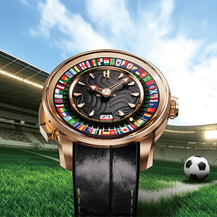 Watch with international flags on a soccer field background